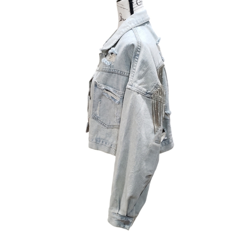 Blue B Collection Distressed Cropped Denim Jacket W/ Rhinestone Fringe - Picture 3 of 6